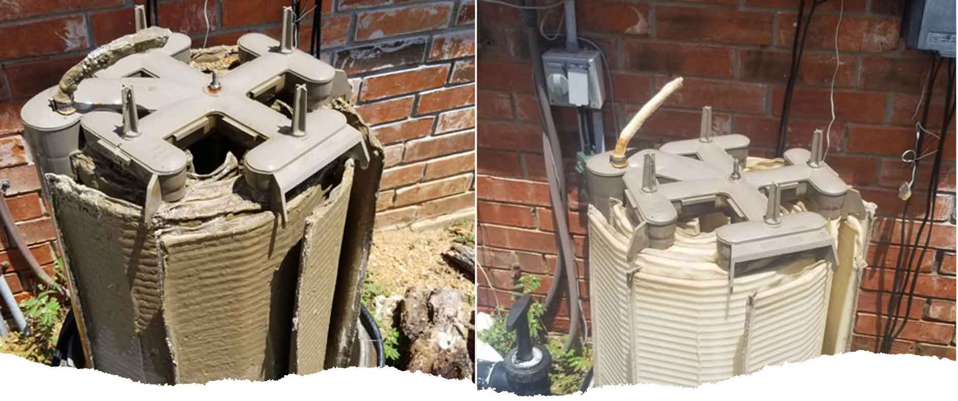 Side by side pictures of a very dirty plugged pool water filter and a clean new pool water filter to show the differences.