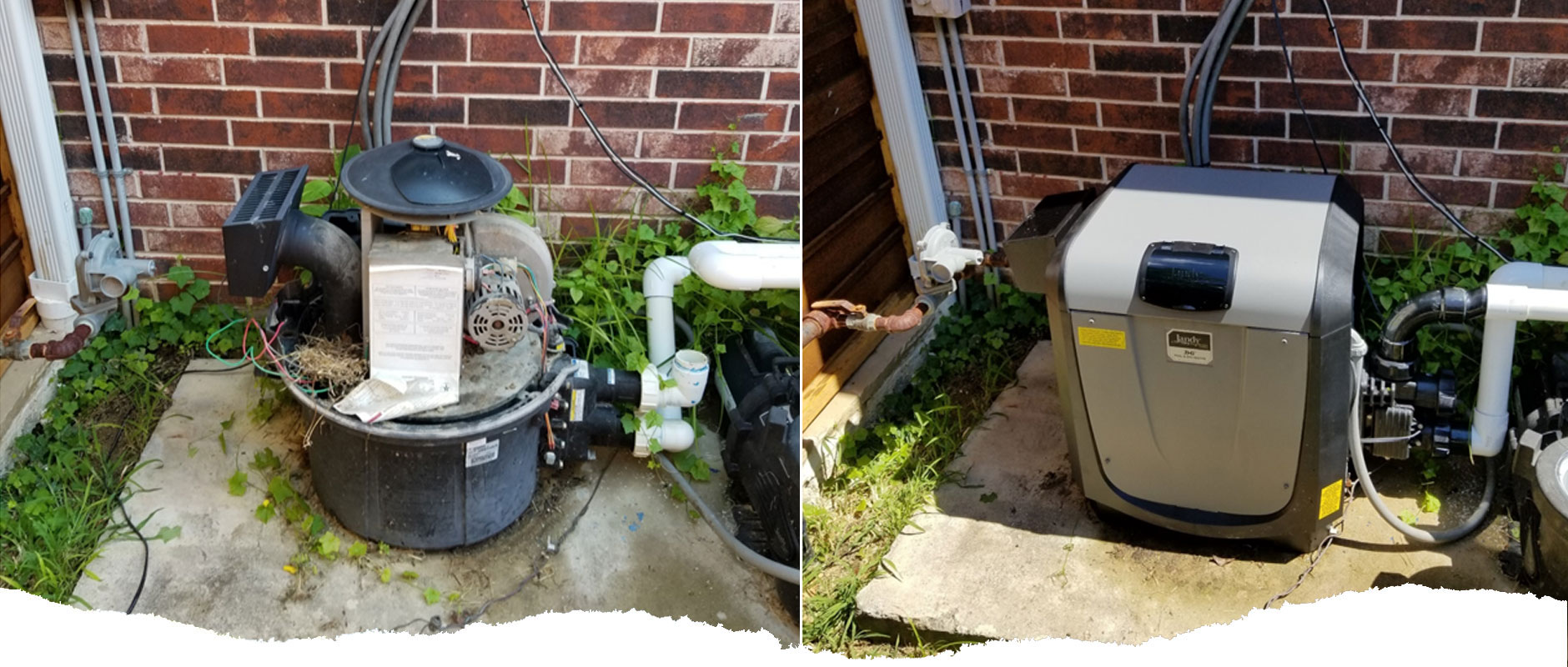 Two photos showing swimming pool heater units. One looks old and dirty and the other appears new or clean and well maintained.