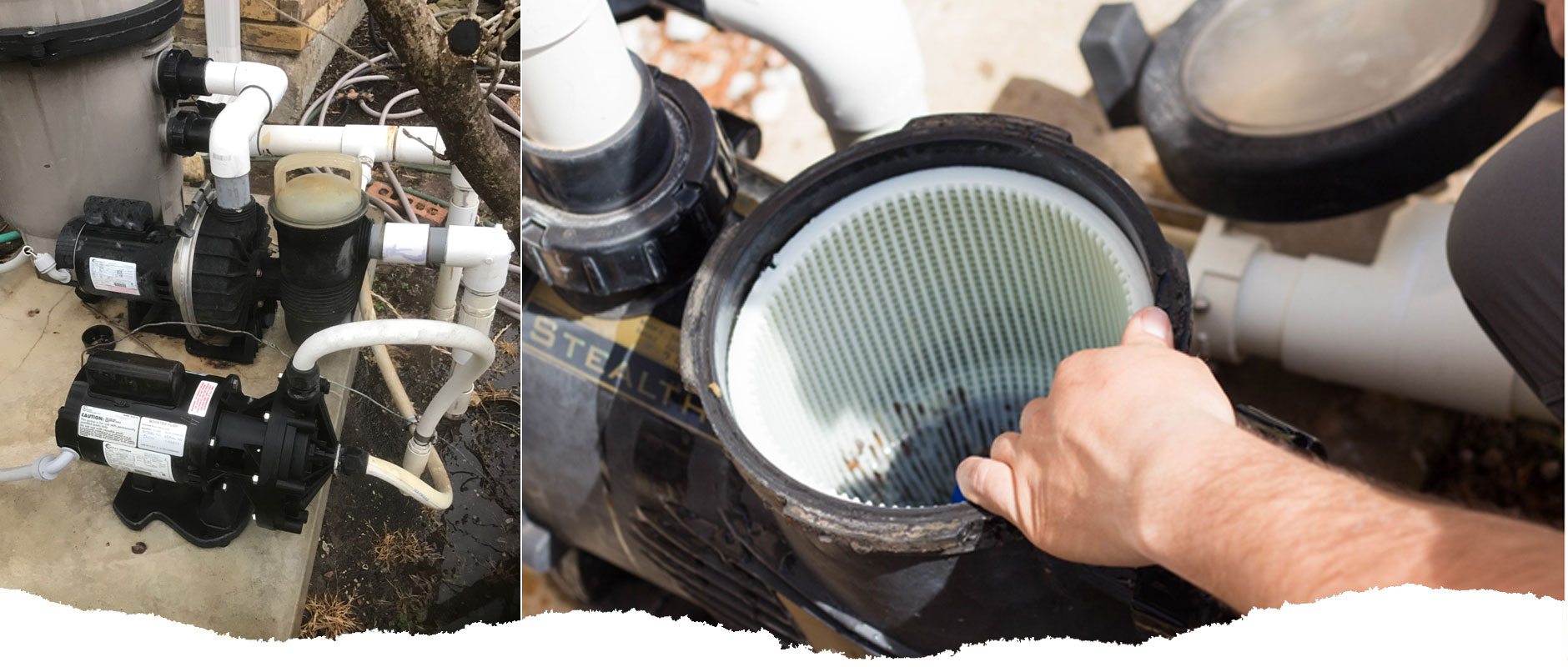 Two photos showing swimming pool water pump systems. One photo shows new equpment that has been repaired or replaced. The second photo shows a pump basket with the cover off to be cleaned and inspected.