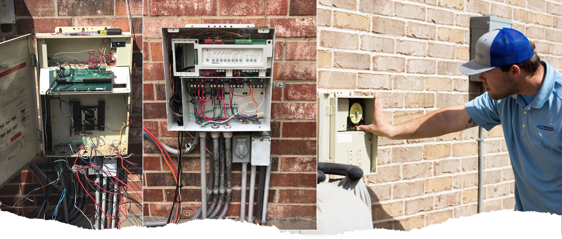 Three photos showing various swimming pool equipment controls and timers. One photo shows pool technician making an adjust to a pool equipment timer.